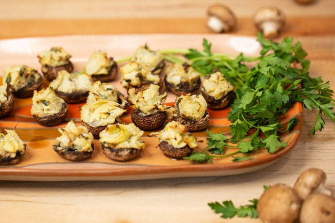 Cheesy Sage + Artichoke Stuffed Mushrooms