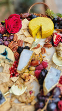 Load image into Gallery viewer, Grazed cheese board with nuts berries cheese and red rose
